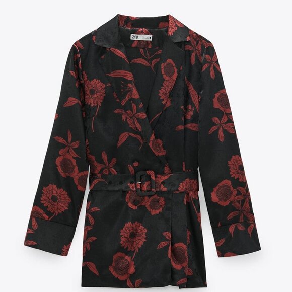 Zara medium silky printed blouse with belt burgundy black witchy corporate goth - Picture 2 of 7